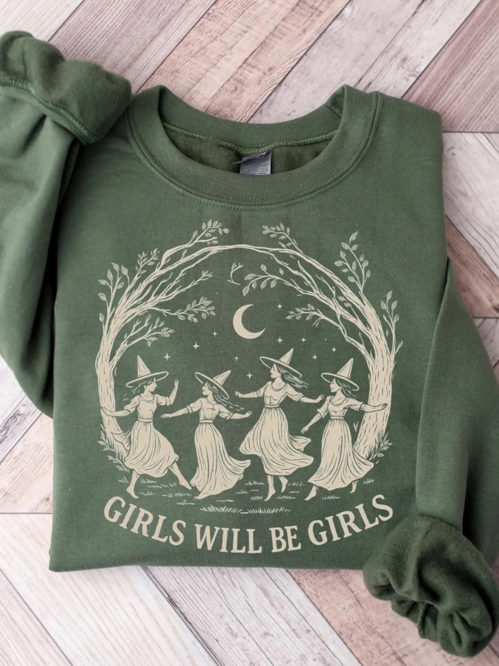 Green Kids Sweatshirt with Cream Witch Graphic